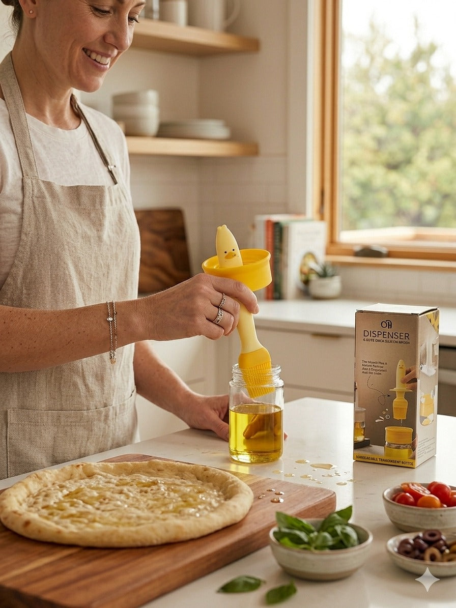 Fitcure™ Cute Duck Silicone Oil Dispenser with Bastings Brush | 2-in-1 Unbreakable Transparent Glass Oil Bottle for Cooking, Baking, BBQ & Air Fryer (Yellow)
