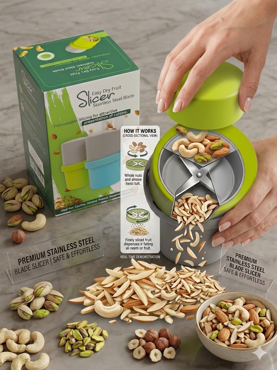 Fitcure™ Premium Dry Fruit Cutter & Slicer | Multi-Functional Stainless Steel Blade Nut Grinder & Chopper for Kitchen, Sweets & Garnishing (Green & Gray)
