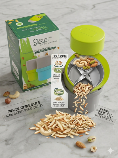 Fitcure™ Premium Dry Fruit Cutter & Slicer | Multi-Functional Stainless Steel Blade Nut Grinder & Chopper for Kitchen, Sweets & Garnishing (Green & Gray)