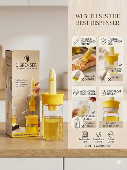 Fitcure™ Cute Duck Silicone Oil Dispenser with Bastings Brush | 2-in-1 Unbreakable Transparent Glass Oil Bottle for Cooking, Baking, BBQ & Air Fryer (Yellow)