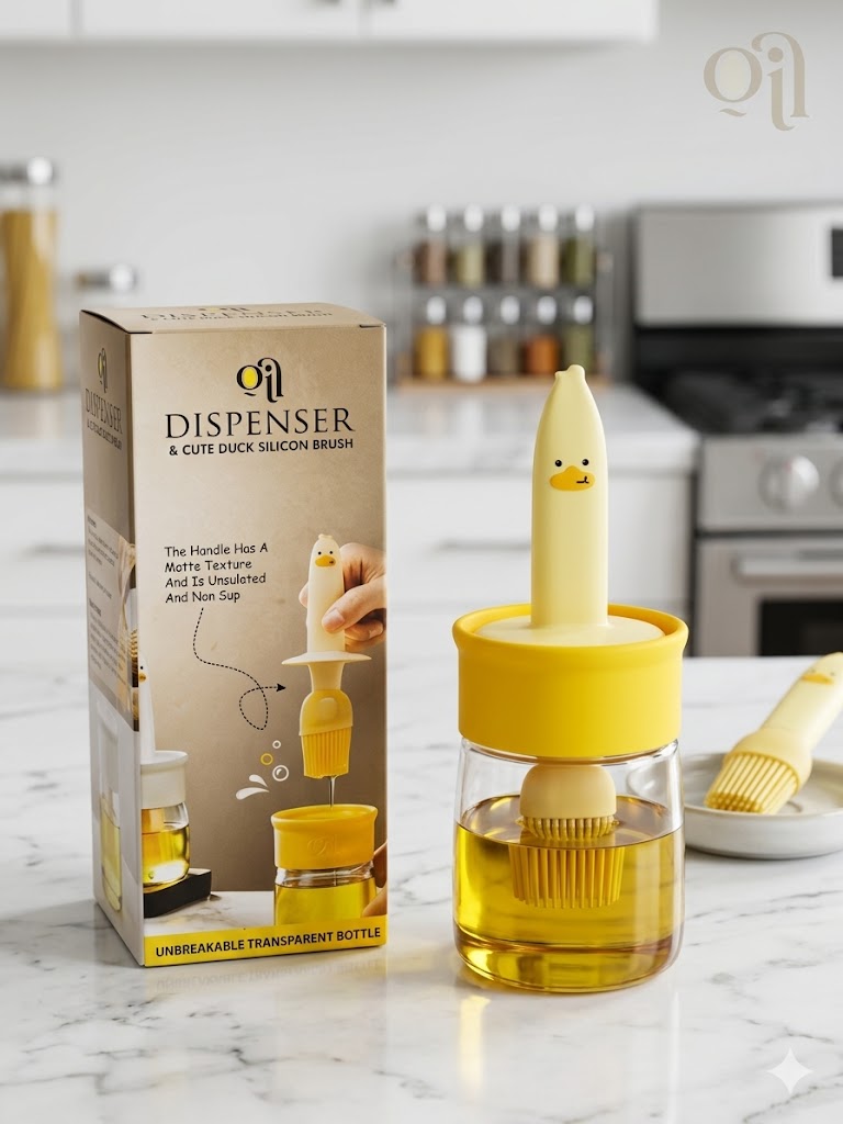 Fitcure™ Cute Duck Silicone Oil Dispenser with Bastings Brush | 2-in-1 Unbreakable Transparent Glass Oil Bottle for Cooking, Baking, BBQ & Air Fryer (Yellow)