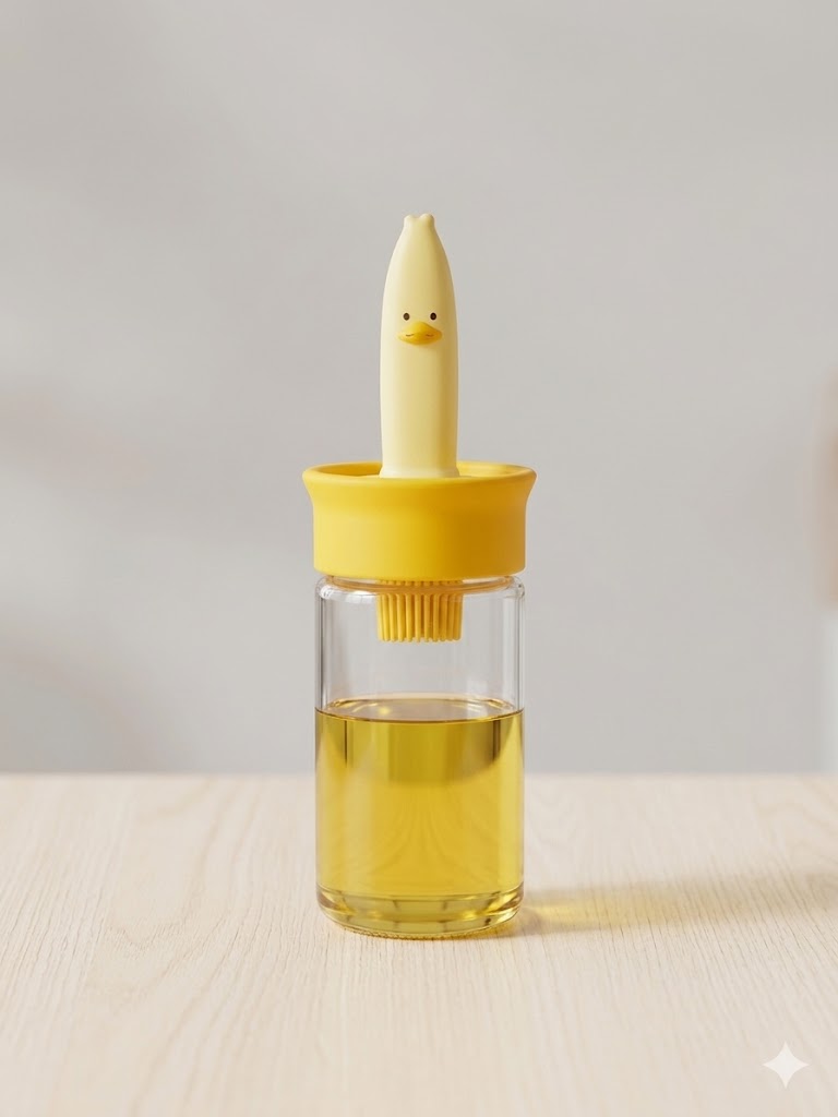Fitcure™ Cute Duck Silicone Oil Dispenser with Bastings Brush | 2-in-1 Unbreakable Transparent Glass Oil Bottle for Cooking, Baking, BBQ & Air Fryer (Yellow)
