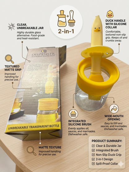 Fitcure™ Cute Duck Silicone Oil Dispenser with Bastings Brush | 2-in-1 Unbreakable Transparent Glass Oil Bottle for Cooking, Baking, BBQ & Air Fryer (Yellow)