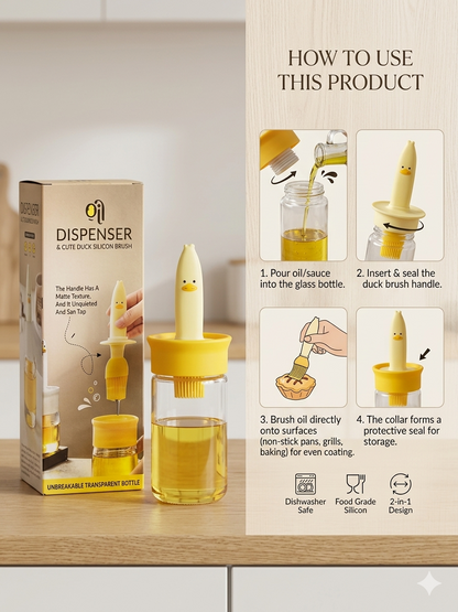 Fitcure™ Cute Duck Silicone Oil Dispenser with Bastings Brush | 2-in-1 Unbreakable Transparent Glass Oil Bottle for Cooking, Baking, BBQ & Air Fryer (Yellow)