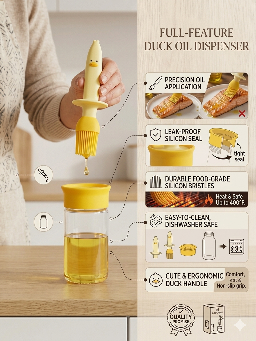 Fitcure™ Cute Duck Silicone Oil Dispenser with Bastings Brush | 2-in-1 Unbreakable Transparent Glass Oil Bottle for Cooking, Baking, BBQ & Air Fryer (Yellow)