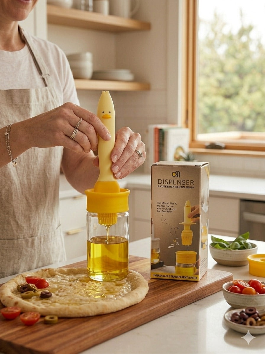 Fitcure™ Cute Duck Silicone Oil Dispenser with Bastings Brush | 2-in-1 Unbreakable Transparent Glass Oil Bottle for Cooking, Baking, BBQ & Air Fryer (Yellow)
